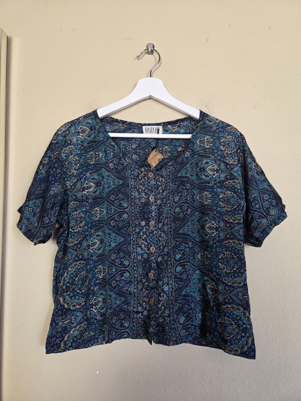 100% Silk OOAK Teal & Navy Paisley Button-Front Short Sleeve Top